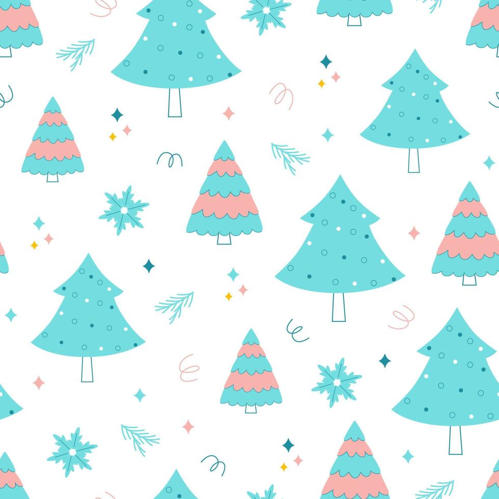 Cute winter pattern with Christmas trees and snowflakes hand drawn in doodle style. Funny seamless vector print for wrapping paper, kids textile design