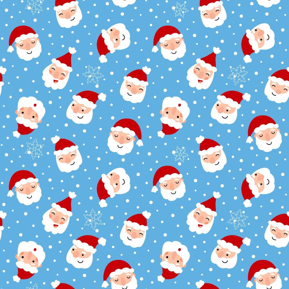 Funny Christmas pattern with Santa Claus heads and snowflakes. Cute seamless vector print for kids textile, wrapping paper