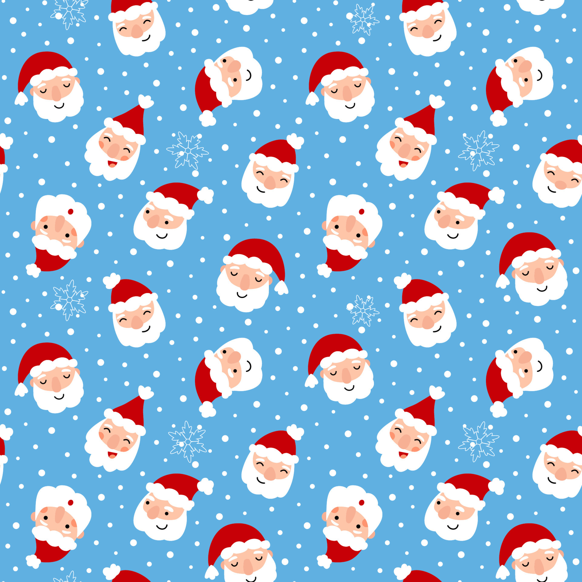 Funny Christmas pattern with Santa Claus heads and snowflakes. Cute