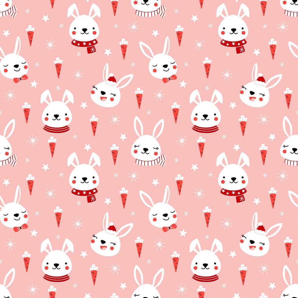 Seamless vector pattern with cute little bunnies in funny hats and scarfs, carrots and snowflakes on pink background. Cheerful print for kids textile, wrapping paper