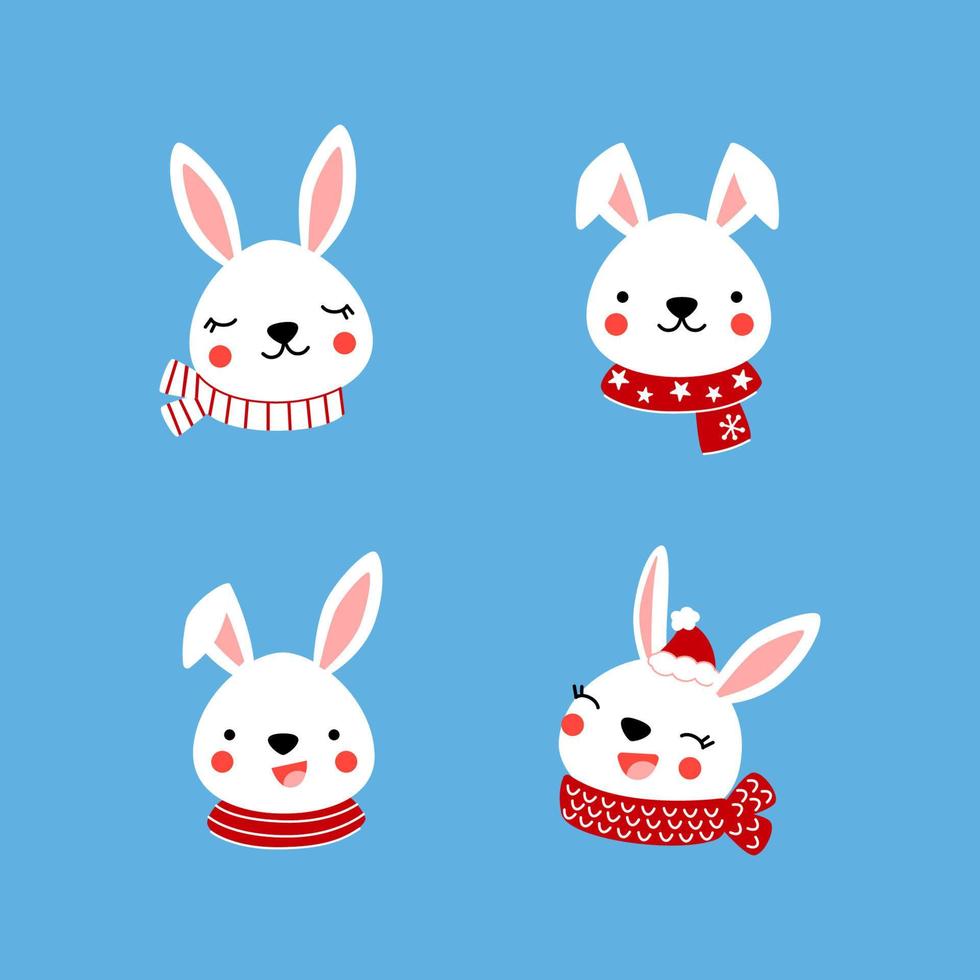 A set of winter stickers with cute little bunny faces. Funny kawaii rabbits hand drawn in flat style. Kids vector illustration for printing on any surface