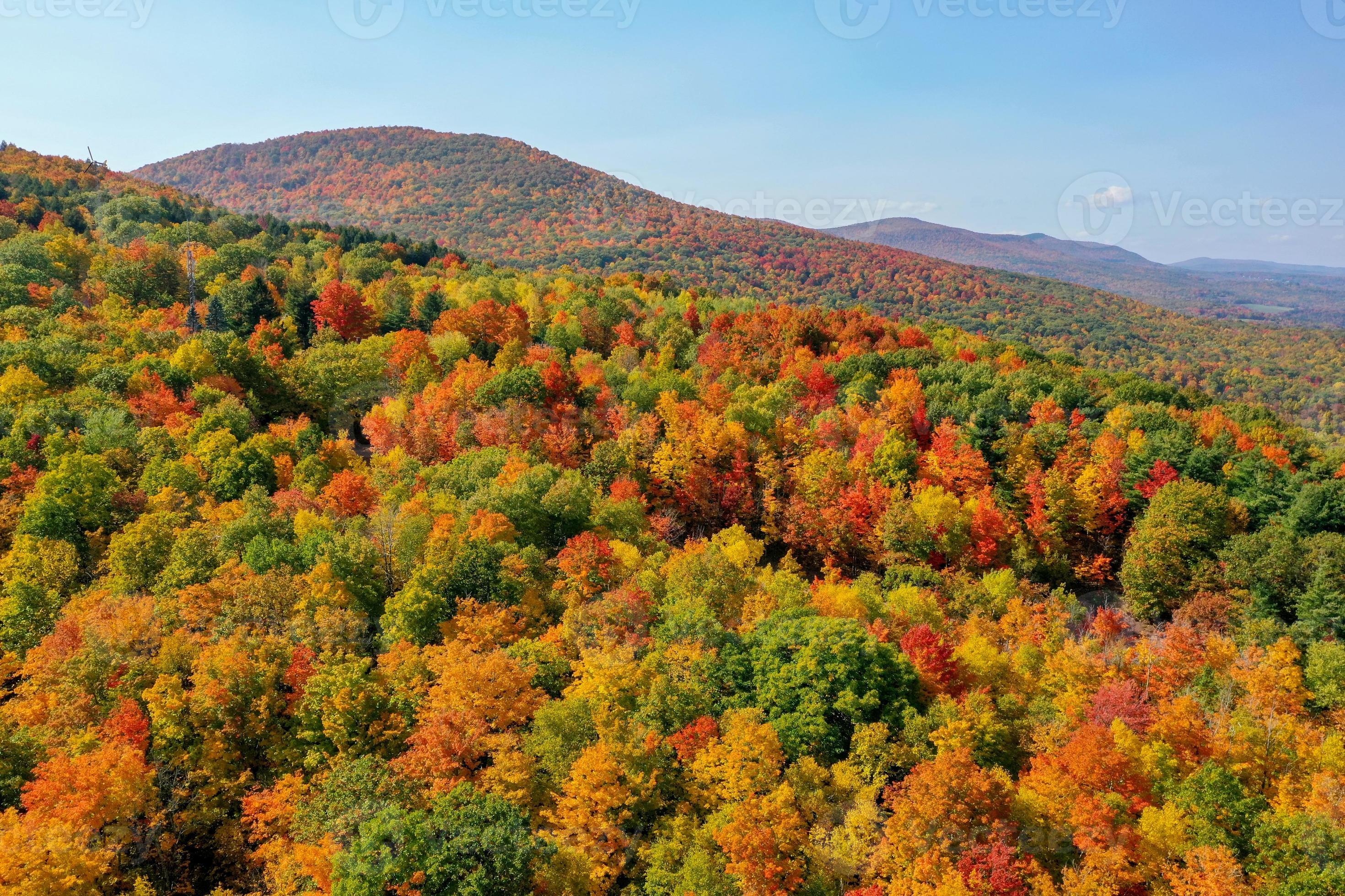 Aerial view of fall foliage along the Catskill Mountains in upstate New