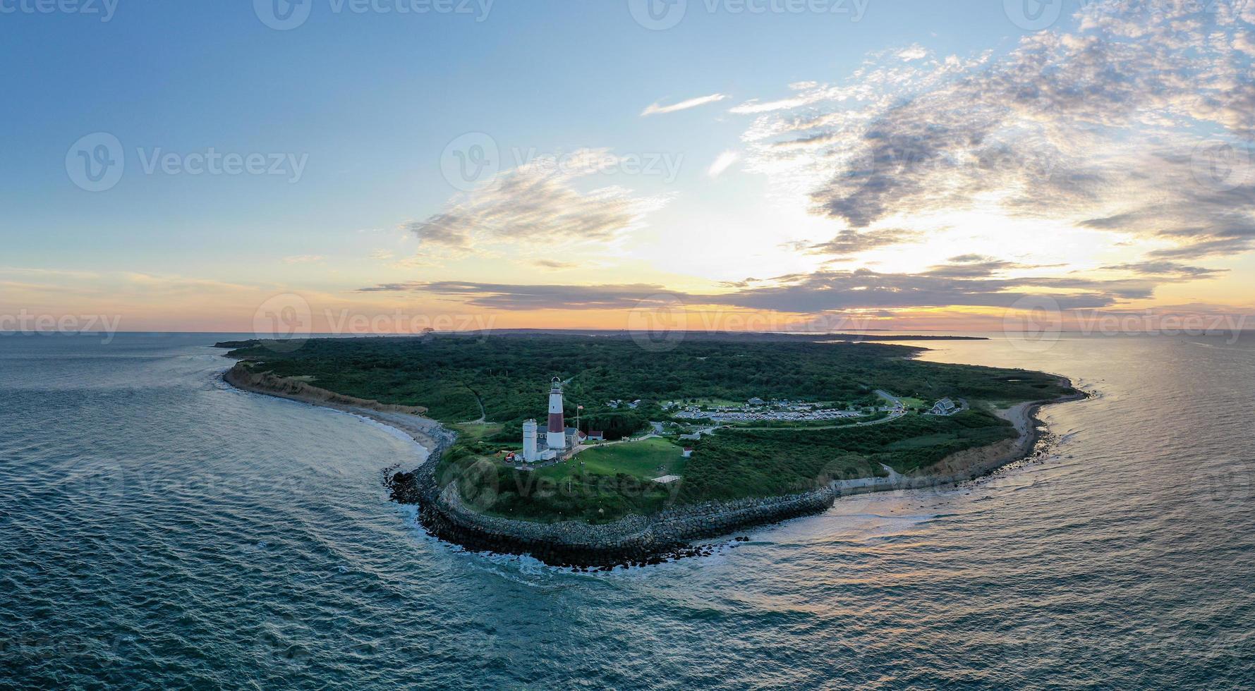Aerial view of Montauk Lighthouse and beach in Long Island, New York, USA. photo