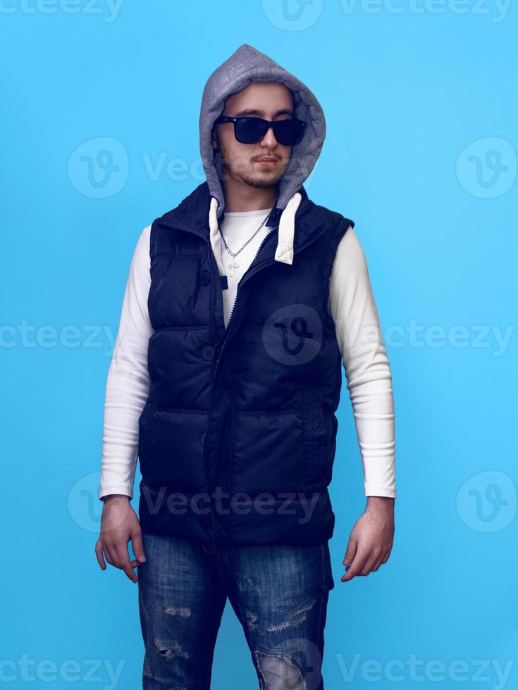 Modern man on blue background photo