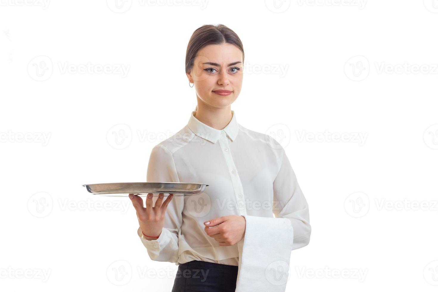beautiful woman waiter with a tray in hands photo