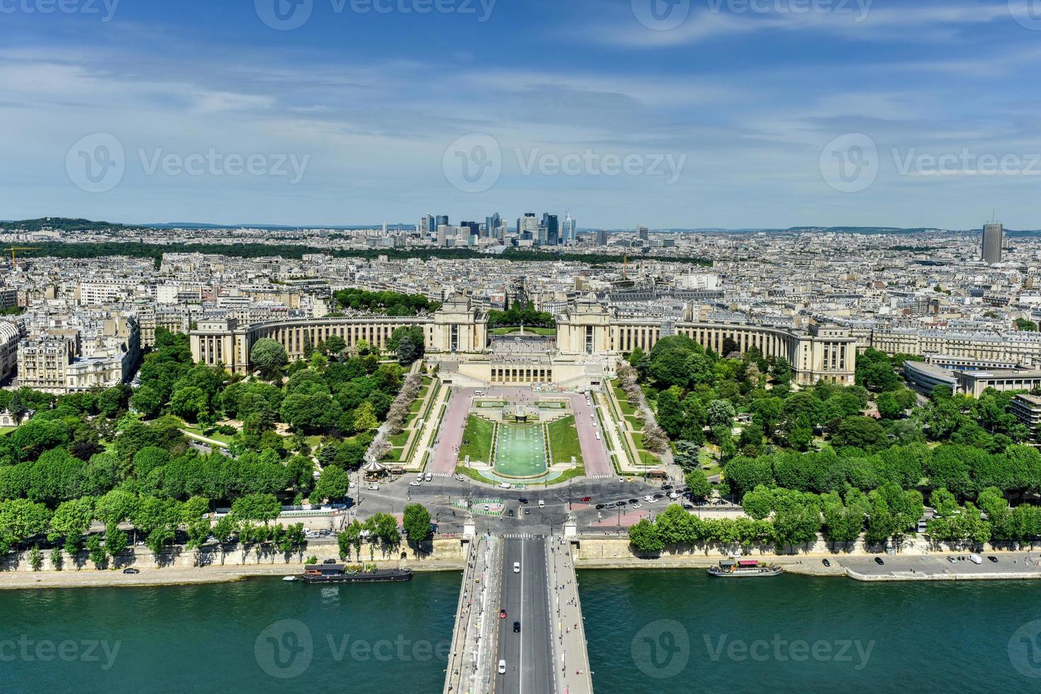 Aerial view of Trocadero as seen from the Eiffel Tower with La Defense in the background in Paris, France. photo