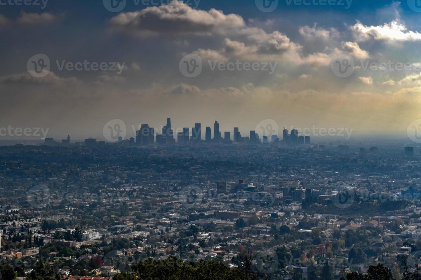 Downtown Los Angeles skyline in smog in California from Griffith Observatory. photo