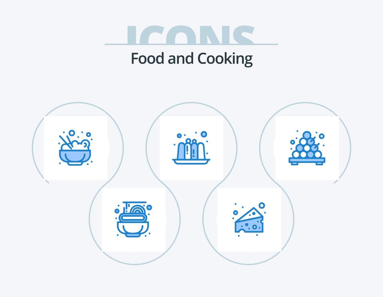 paquete de iconos azul de alimentos 5 diseño de iconos. . . arroz. takoyaki. comida vector