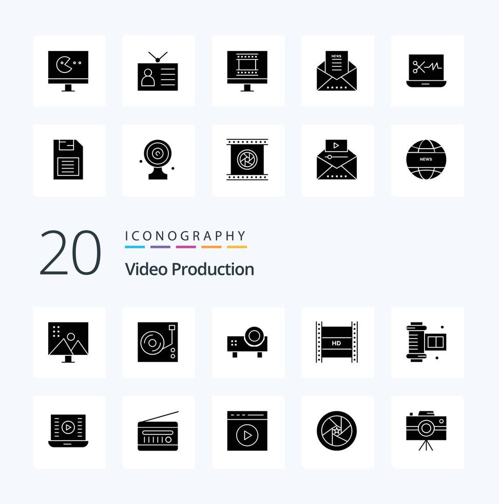 20 Video Production Solid Glyph icon Pack like hd in filmmaking digital video broadcasting audio video projector projector vector