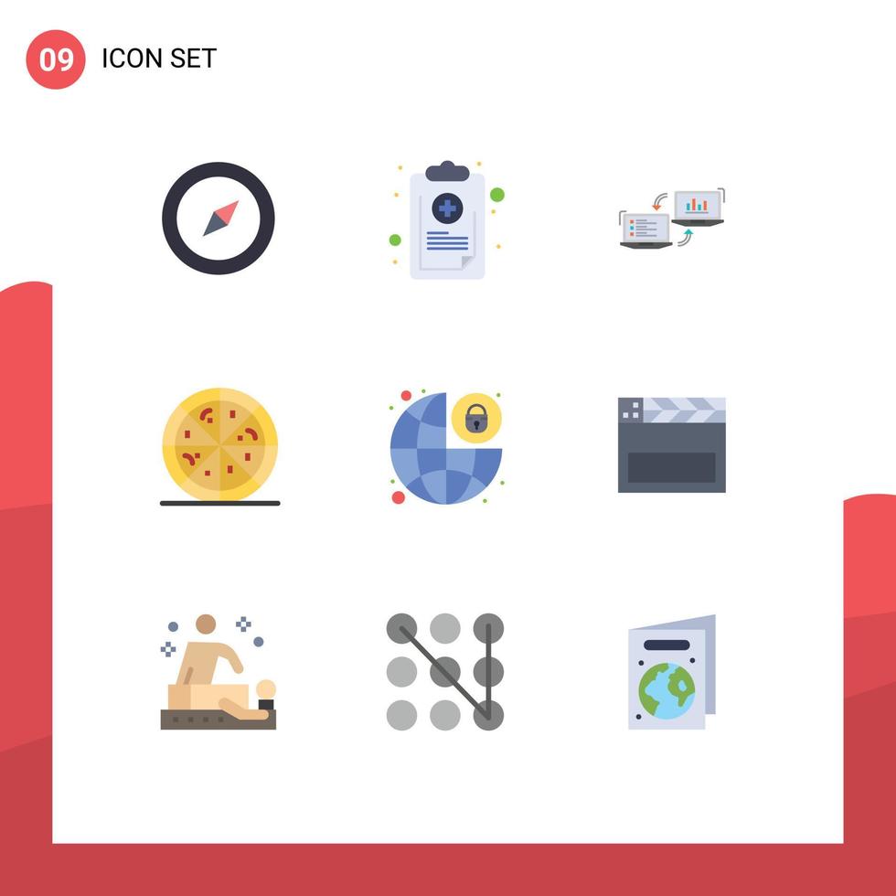 User Interface Pack of 9 Basic Flat Colors of lock pizza exchange fast food data Editable Vector Design Elements
