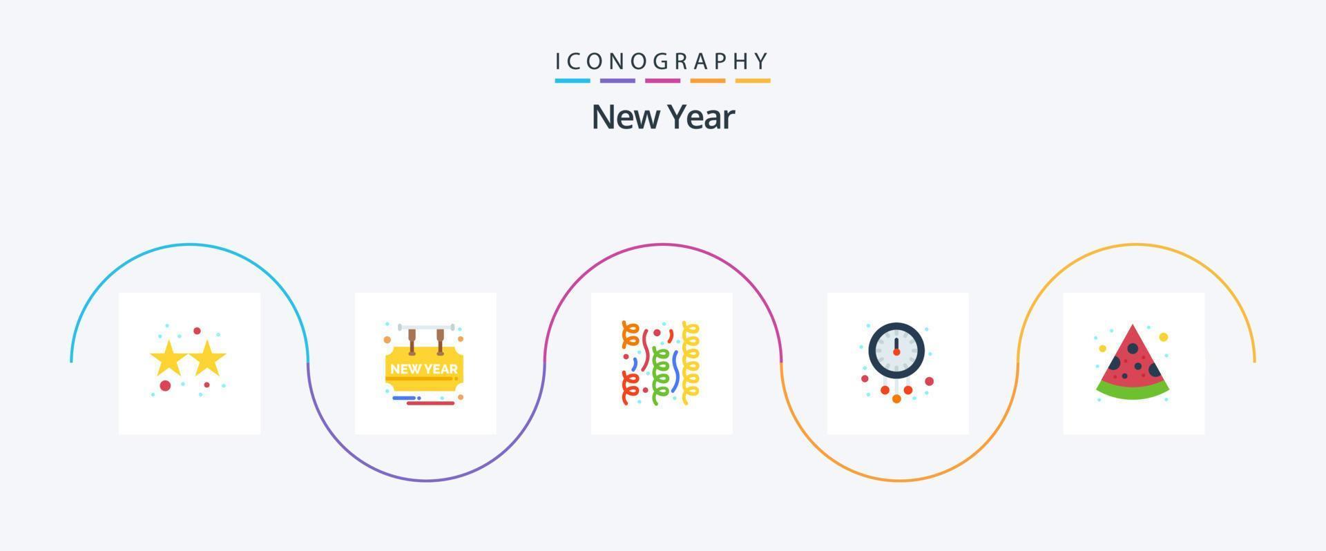 New Year Flat 5 Icon Pack Including food. time. celebration. new year. clock vector