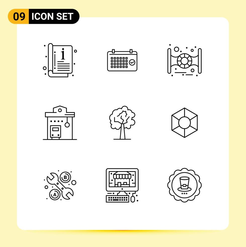 Pack of 9 Modern Outlines Signs and Symbols for Web Print Media such as tree station time road integration bus Editable Vector Design Elements