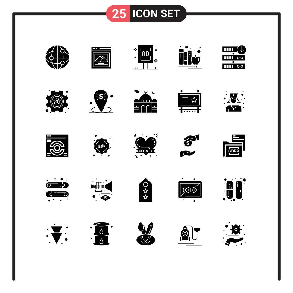 Universal Icon Symbols Group of 25 Modern Solid Glyphs of download apple board library books Editable Vector Design Elements