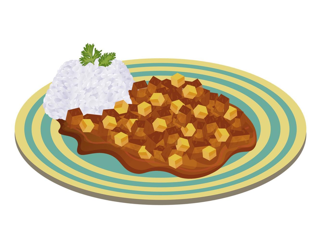 carapulcra plato tradicional peruano estofado hecho de papas secas, salteado con carne. comida latinoamericana. Ilustración de vector colorido aislado sobre fondo blanco.