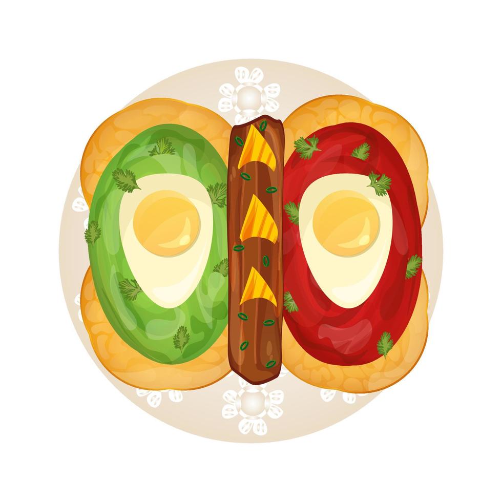 Mexican fried huevos divorciados eggs on a tortilla close-up top view. Colorful vector illustration isolated on white background.
