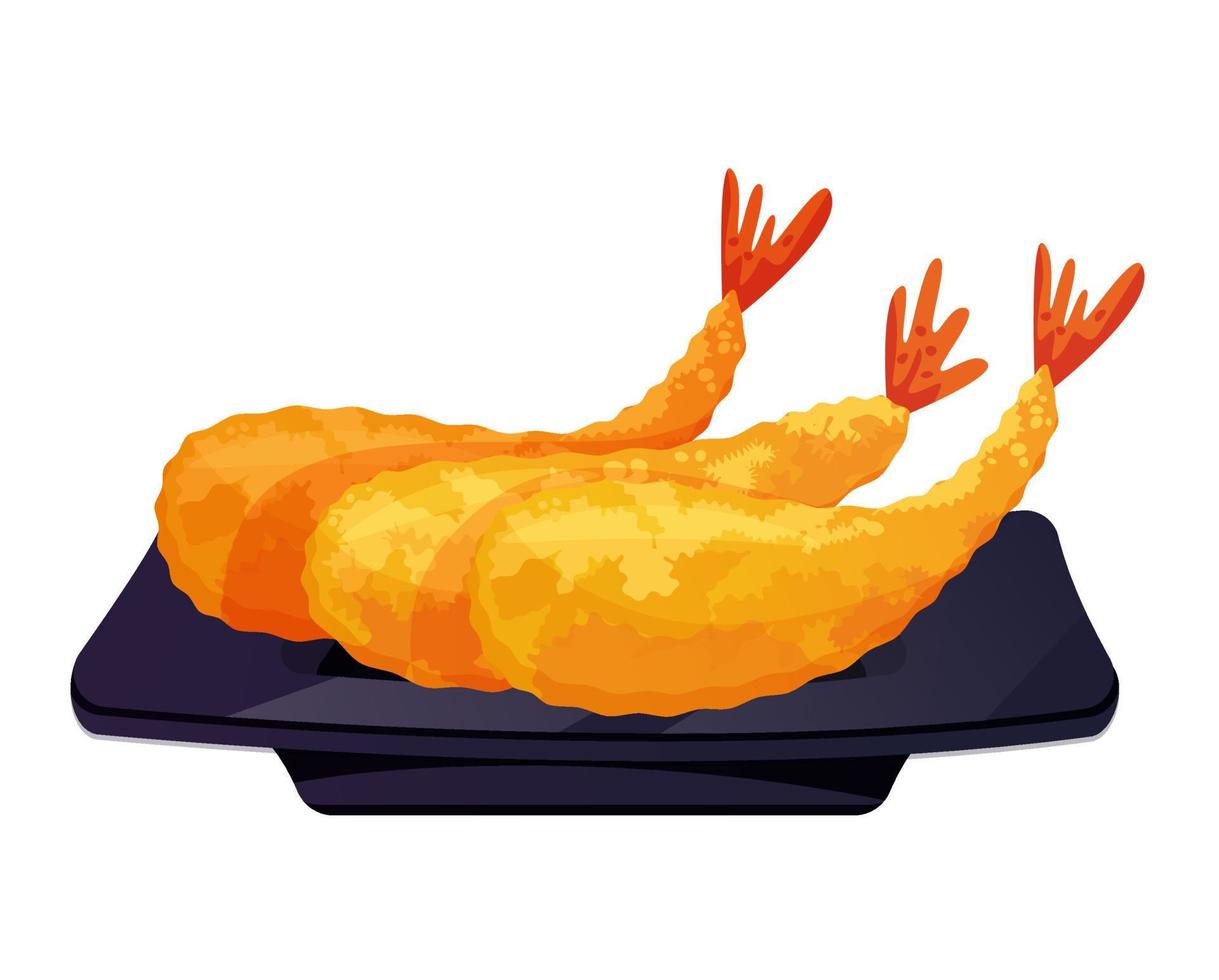 delicioso plato de camarones fritos japoneses tempura. comida asiática. Ilustración de vector colorido aislado sobre fondo blanco.