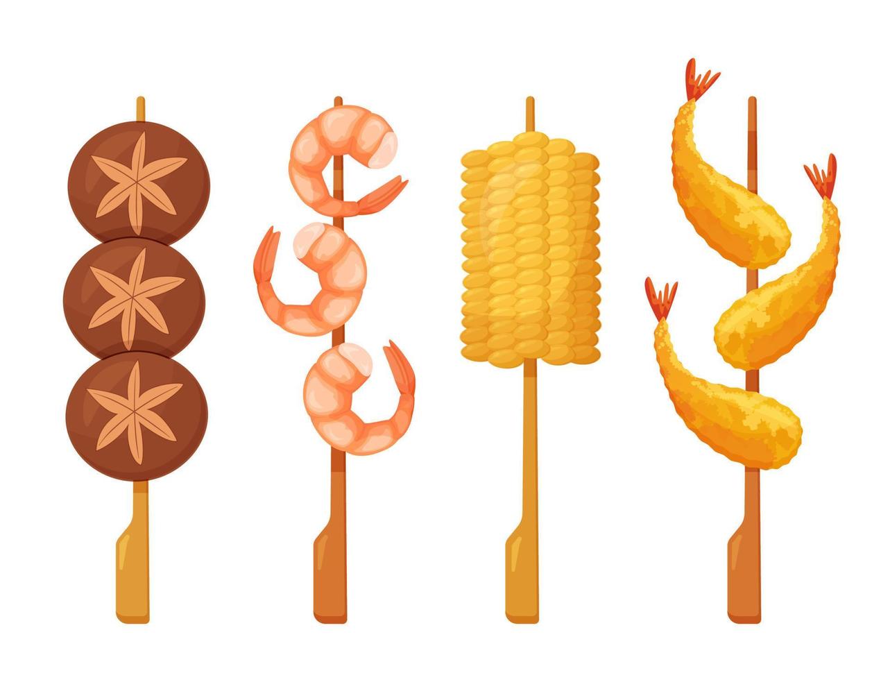brochetas de yakitori. comida callejera japonesa. maíz, camarones, tempura. Ilustración de vector colorido aislado sobre fondo blanco.