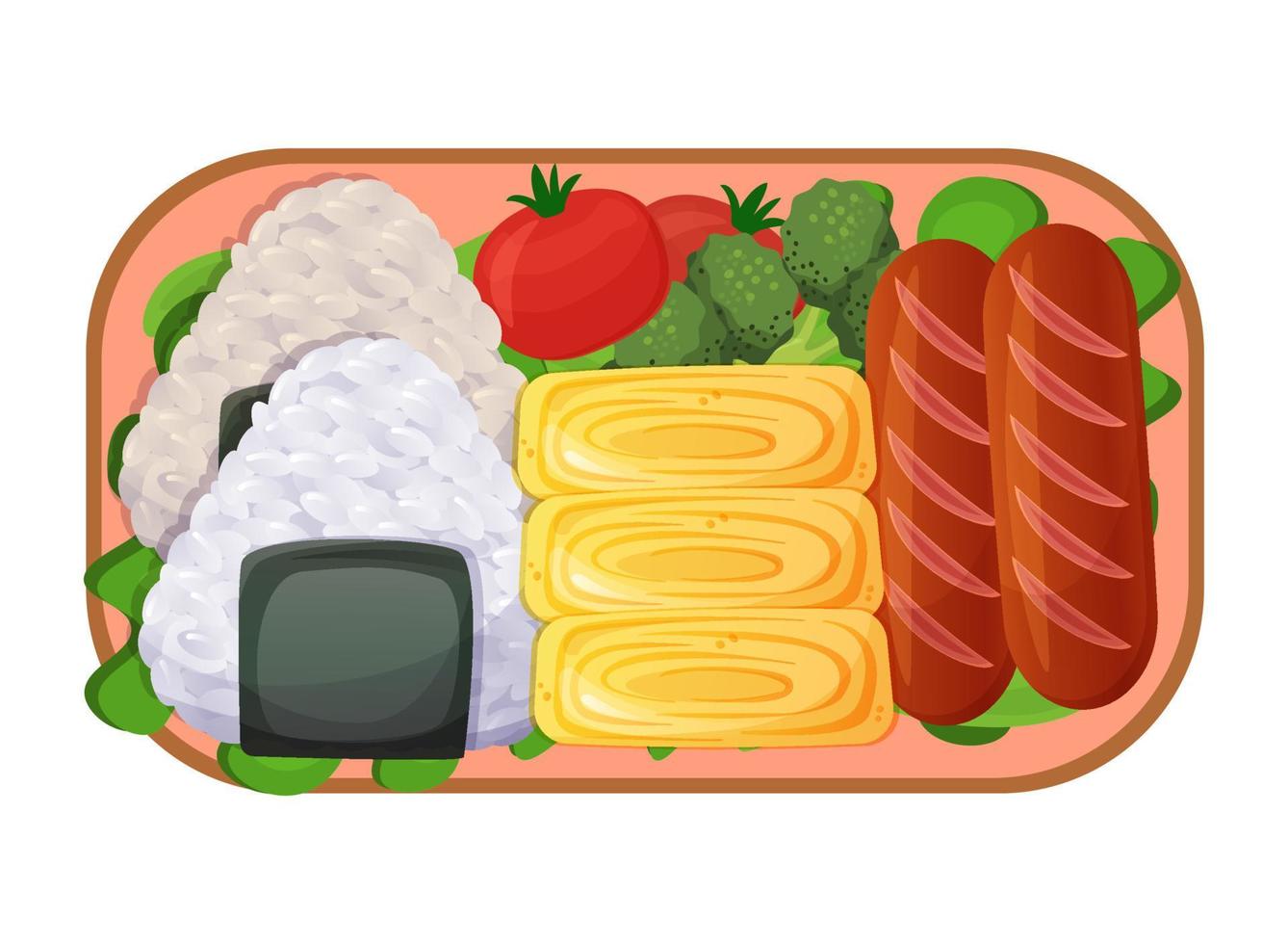 Bento Japanese lunch box with onigiri, vegetables, eggs, sausages. Asian food. Colorful vector illustration isolated on white background.