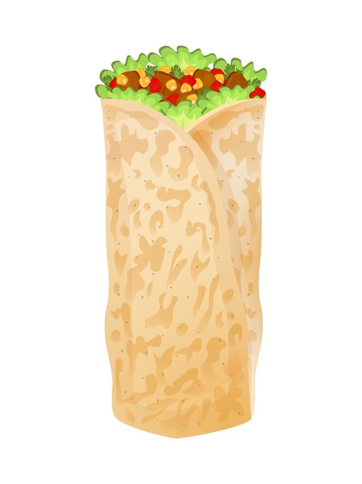 burrito, comida tradicional mexicana, carne molida con vegetales enrollados en tortilla. comida latinoamericana. Ilustración de vector colorido aislado sobre fondo blanco.