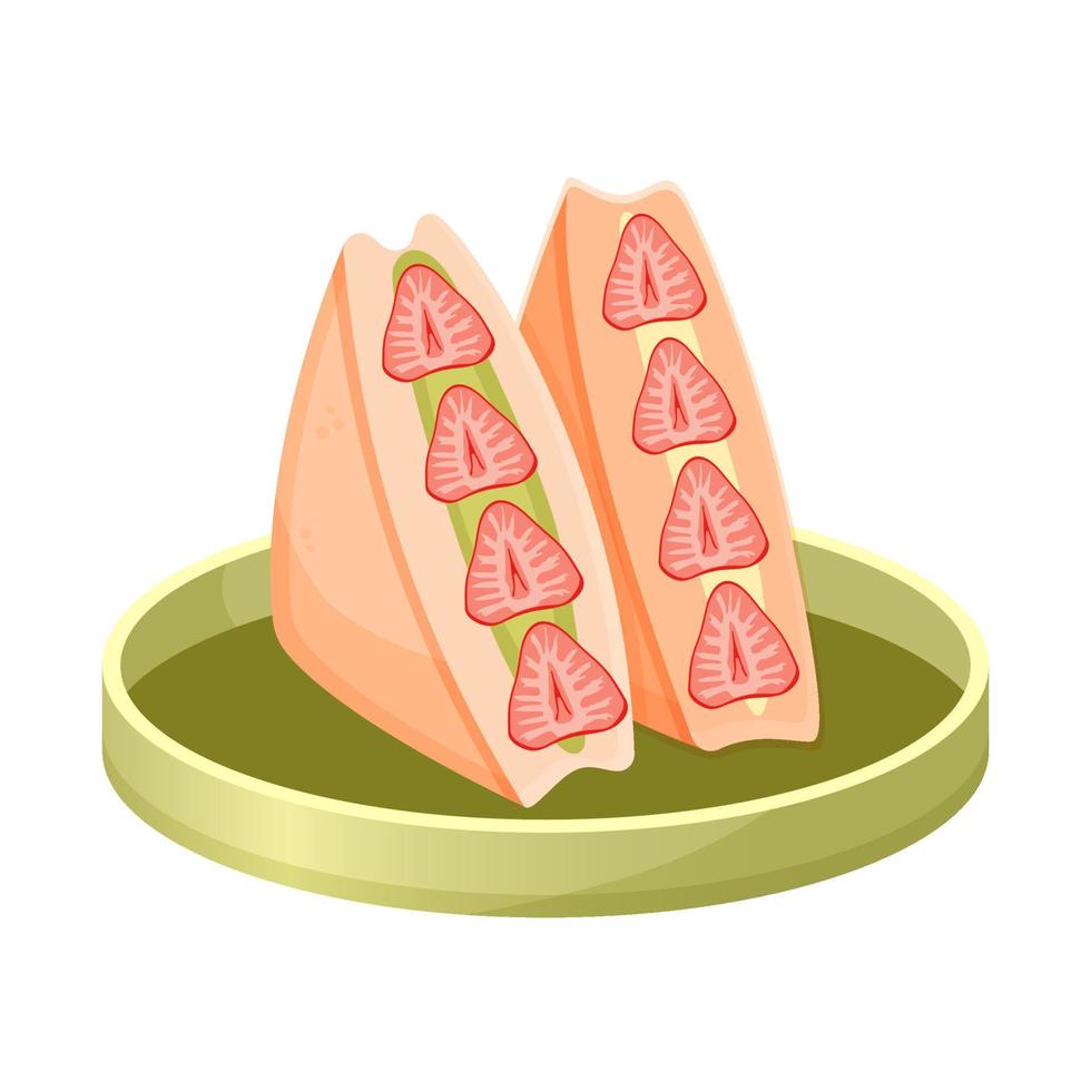Fruit sando with strawberry and cream. Japanese style sandwich. Asian food. Colorful vector illustration isolated on white background.