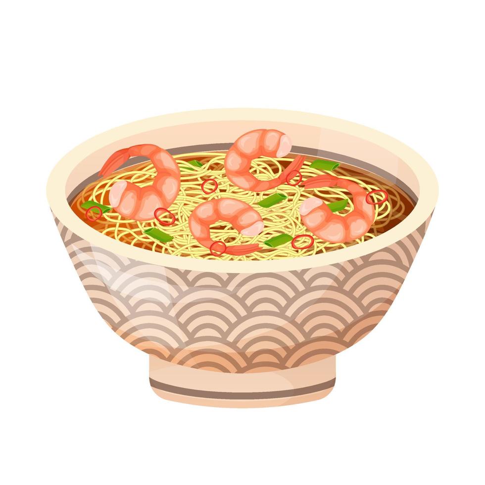 Asian Shrimp stir fry noodles. Japanese noodles with shrimp in bowl