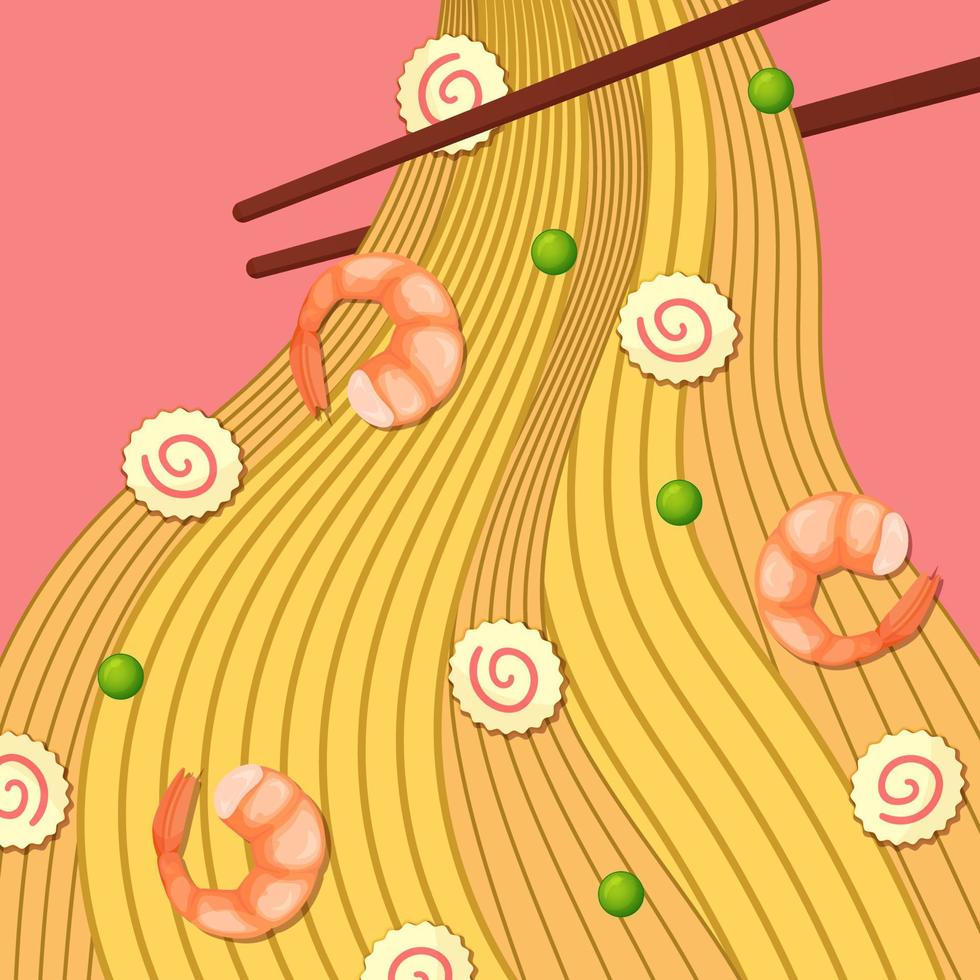 Noodle with shrimps and chopsticks. Cute vector background on pink. Cartoon style kawaii.