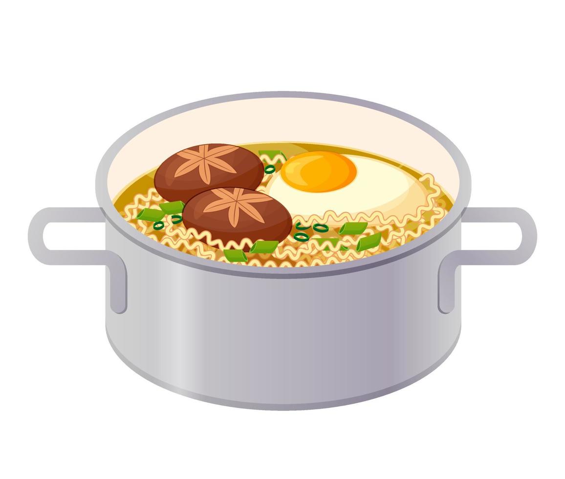 ramen estilo coreano. ramyun, fideos ramyeon en una cacerola. comida asiática. Ilustración de vector colorido aislado sobre fondo blanco.