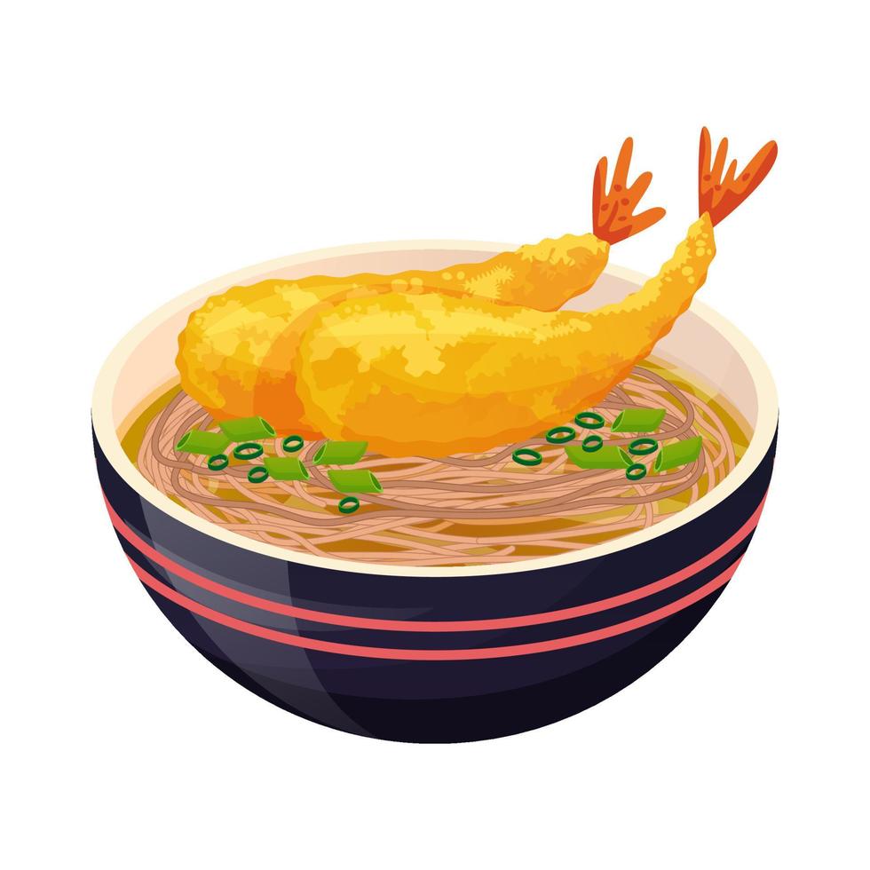 Tempura soba ro Buckwheat noodle in bowl. Asian food. Colorful Vector illustration isolated on white background.