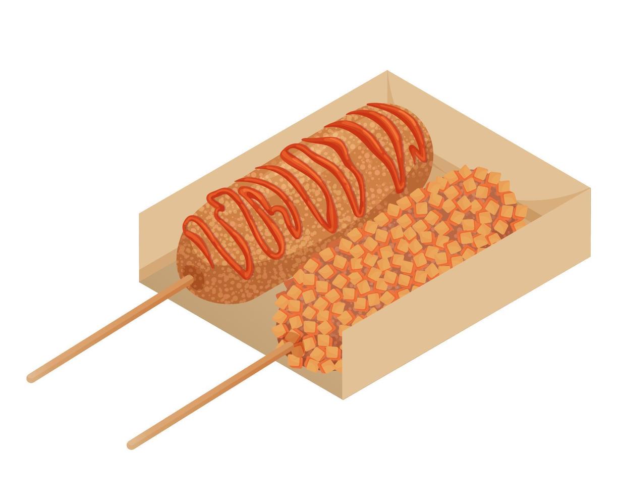 Traditional Korean street food - fried corndog with ketchup. Cartoon style hot dogs with sausage, fried in breadcrumbs. Asian food. Colorful vector illustration isolated on white background.