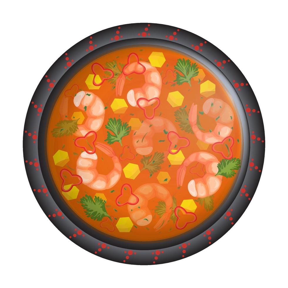 Moqueca. Brazilian Seafood Stew with shrimps. Latin American food. Colorful vector illustration isolated on white background.