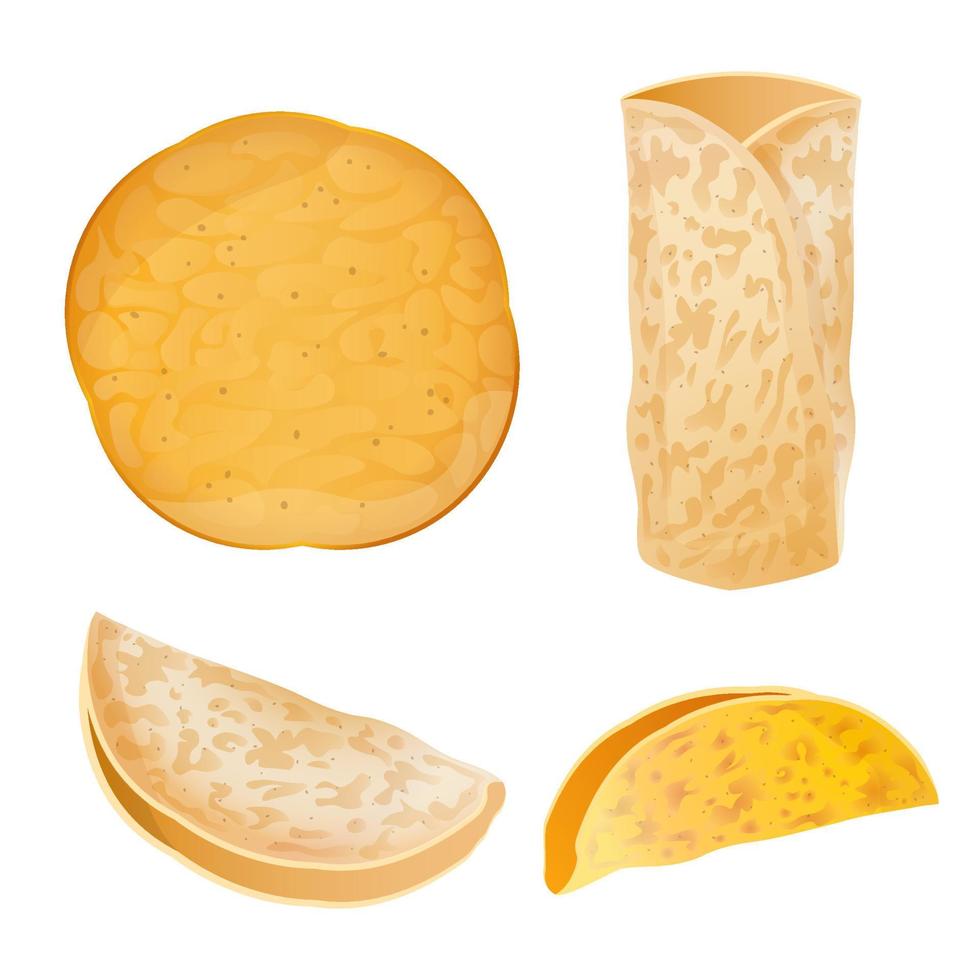 Pita bread, set of tortilla detailed and colorful. Ingredient for Mexican food, cuisine. Latin American food. Colorful vector illustration isolated on white background.