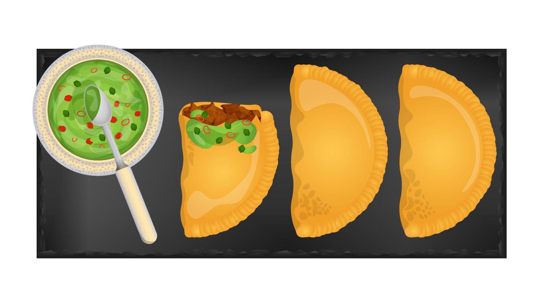 Fried empanadas with avocado sauce served on black flat plate. Top view. Latin American food. Colorful vector illustration isolated on white background.