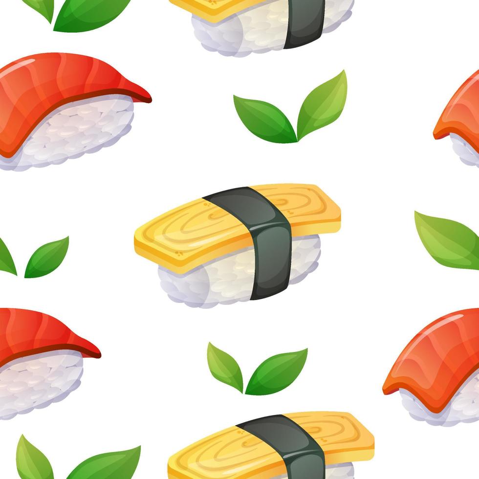 Japanese nigiri sushi seamless pattern. Asian food. Colorful vector illustration on white background.