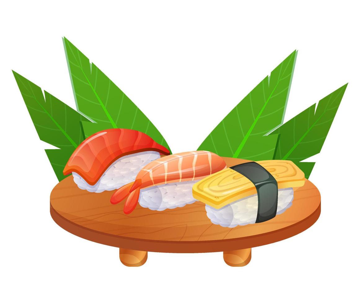 juego de sushi mariscos japoneses. comida de restaurante asiático en la mesa. Ilustración de vector colorido aislado sobre fondo blanco.