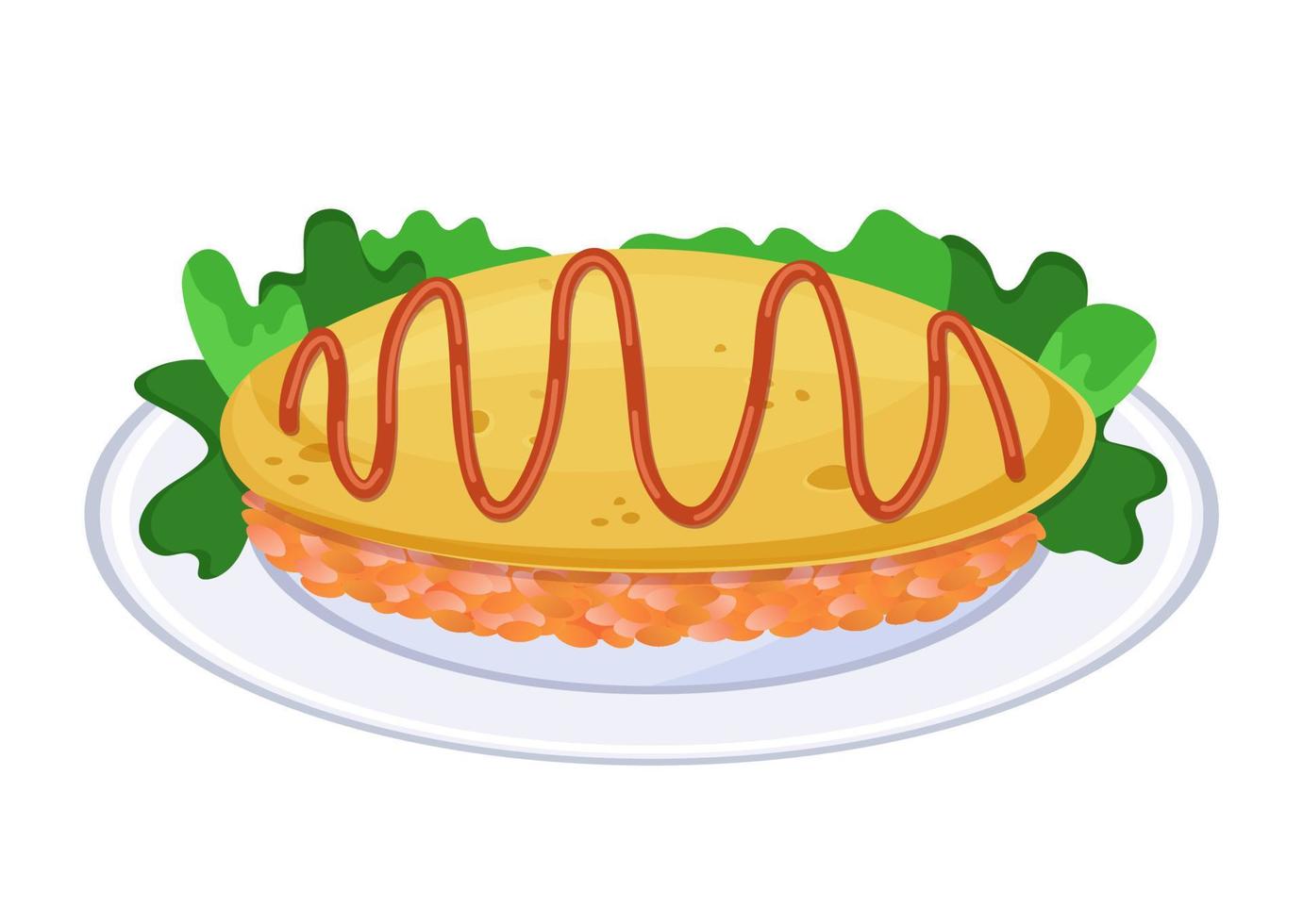 Omurice, Japanese omelette and rice topped with tomato sauce. Close up asian food on plate. Colorful vector illustration isolated on white background.