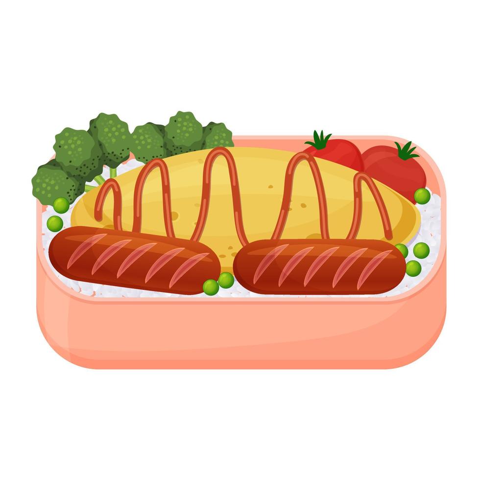 almuerzo japonés en caja bento. tortilla de arroz con salchichas y verduras. comida asiática. Ilustración de vector colorido aislado sobre fondo blanco.