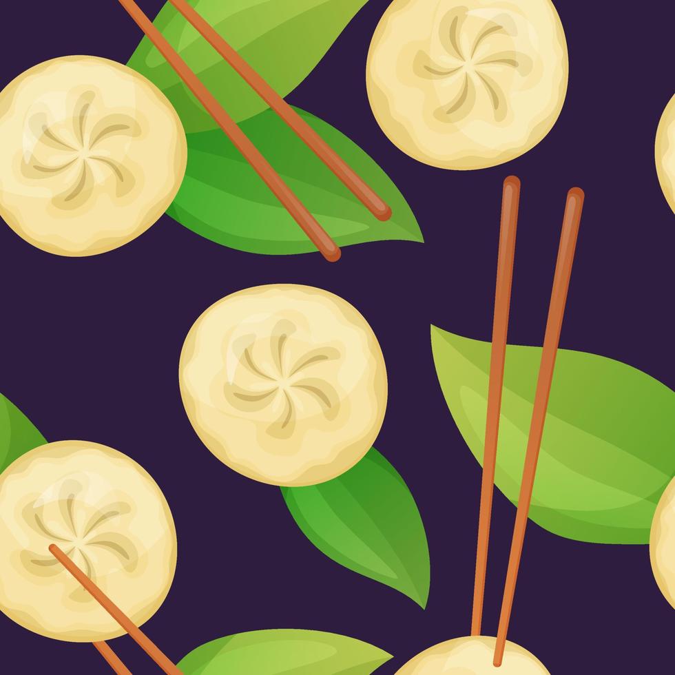 Chinese Dumplings with chopsticks seamless pattern in cartoon style. Asian food. Colorful vector illustration.