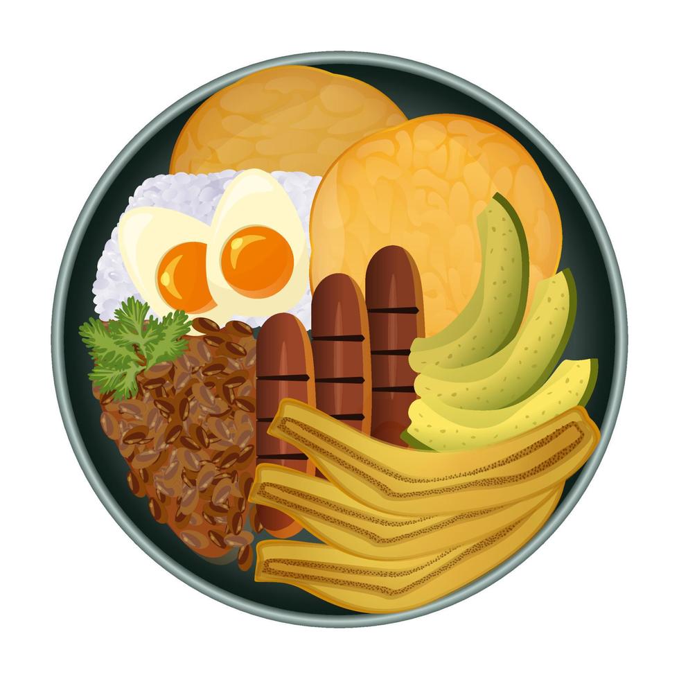 Bandeja paisa Traditional Colombian Dish. Top view. Latin American food. Colorful vector illustration isolated on white background.