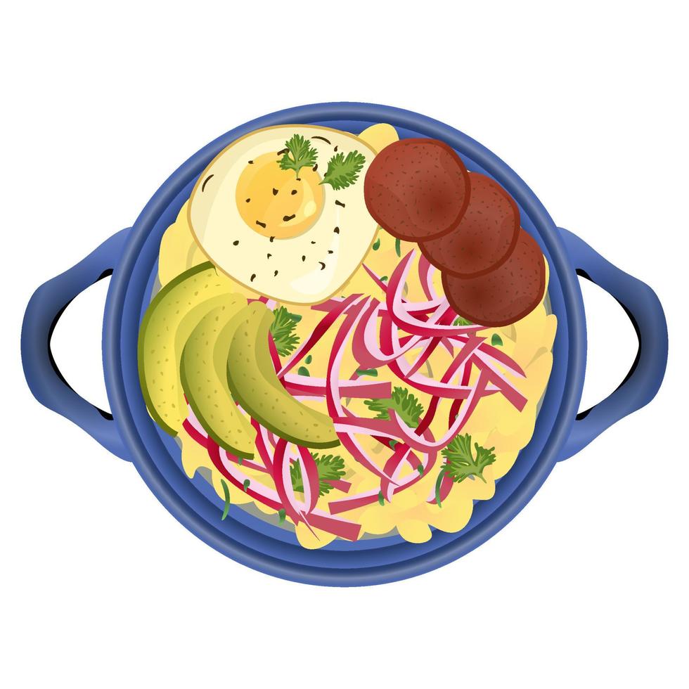 Mangu. Green plantains mashed with fried egg and avocado. Delicious traditional Dominican food. Top view. Latin American food. Colorful vector illustration isolated on white background.