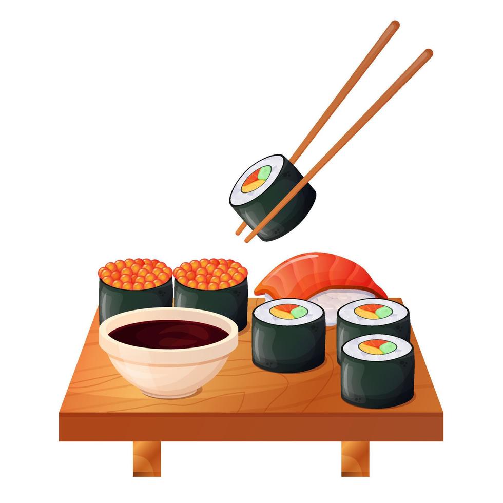 rollos de sushi con salsa de soja y palillos en la mesa. cocina japonesa en el restaurante. comida asiática. comida asiática. Ilustración de vector colorido aislado sobre fondo blanco.