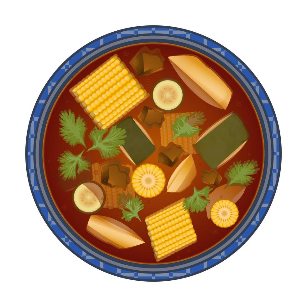 Sancocho soup. Meats and vegetables stew. Latin American food. Close up bowl top view. Colorful vector illustration isolated on white background.