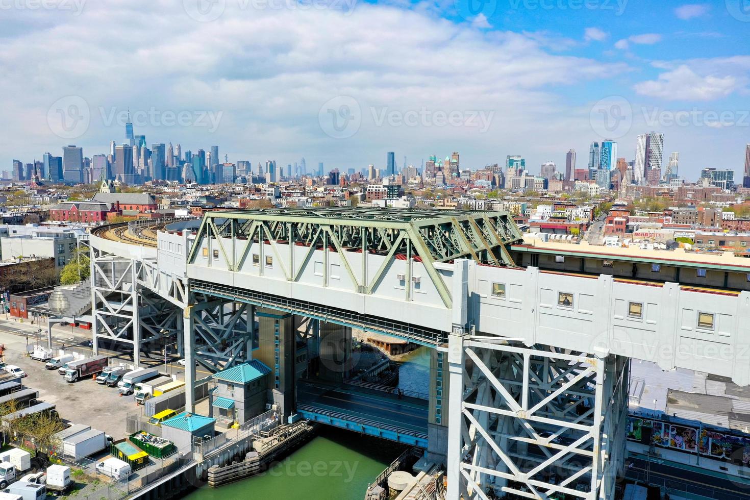 Panoramic view of the Gowanus Canal in Brooklyn with the Gowanus Expressway and Manhattan in the background. photo