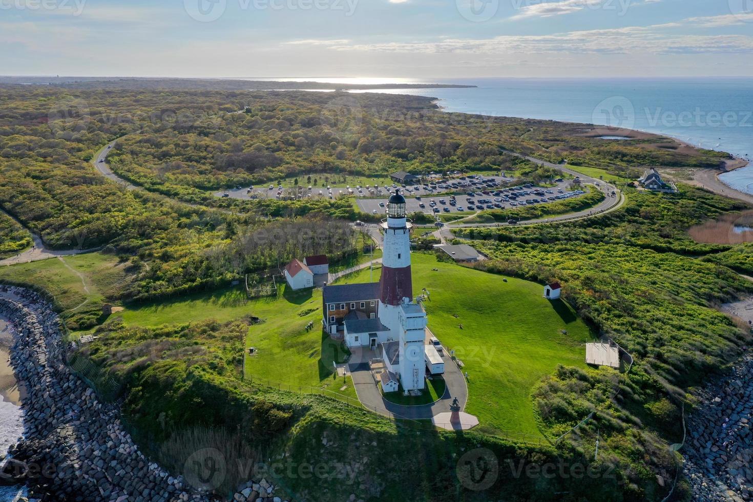 Aerial view of the Montauk Lighthouse and beach in Long Island, New York, USA. photo