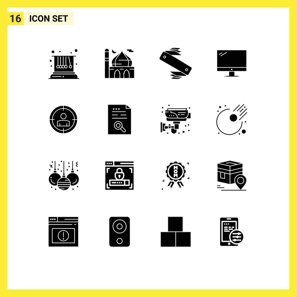 Pack of 16 creative Solid Glyphs of imac monitor pray computer swiss Editable Vector Design Elements