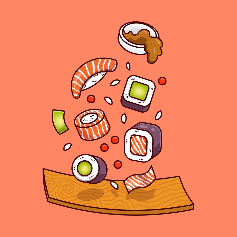 conjunto de sushi flotante de la ilustración del icono del vector de dibujos animados de la placa