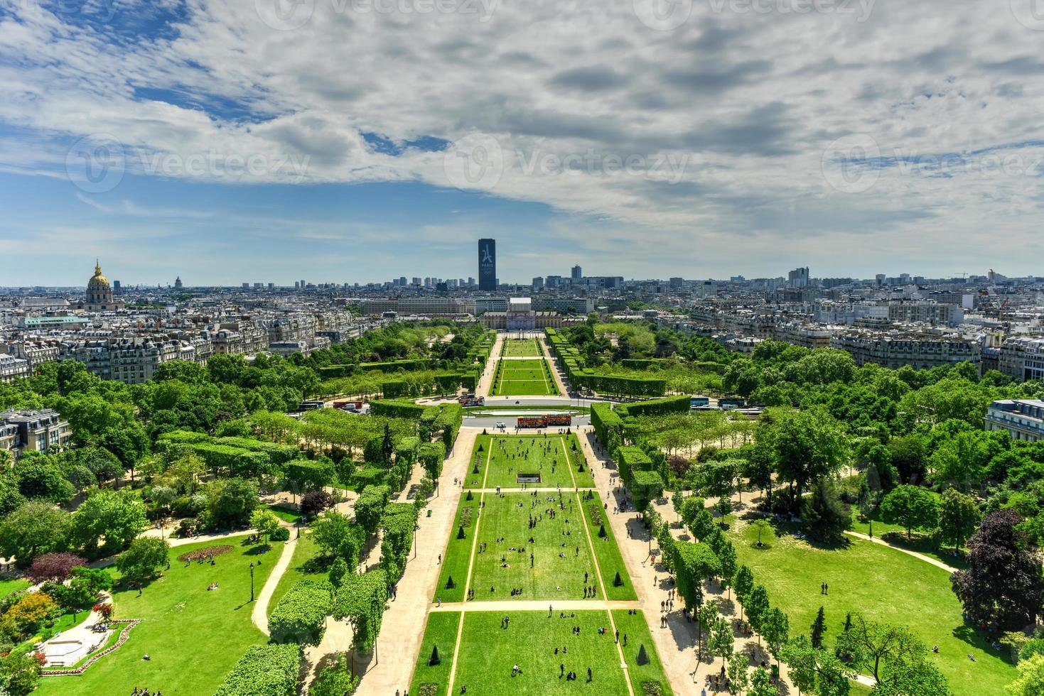 Aerial panoramic view of Paris and Champ de Mars from Eiffel Tower in Paris, France photo