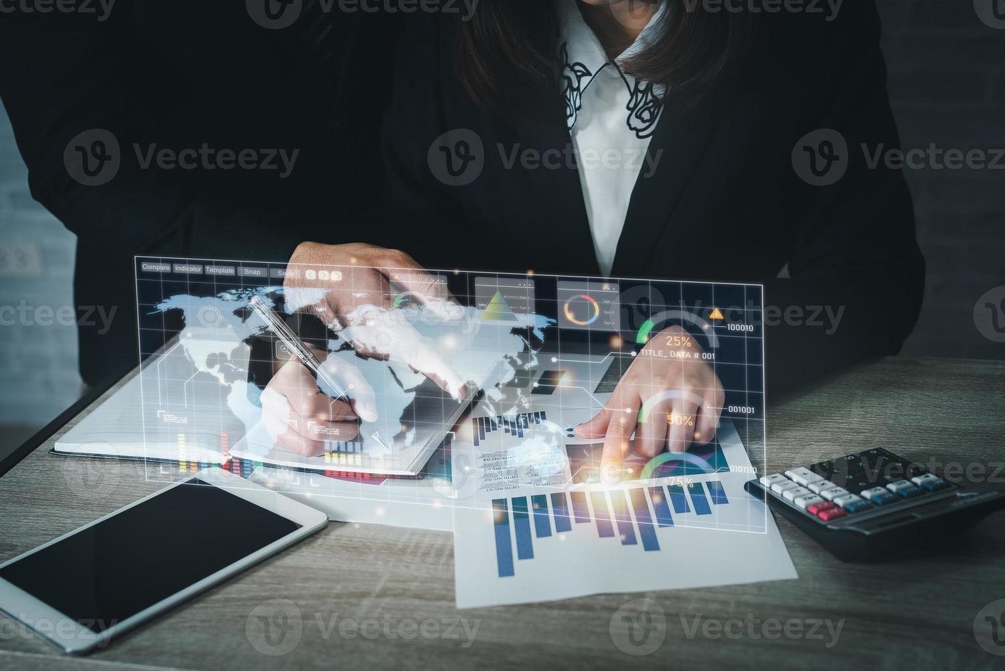 Business man and woman working with laptop analyst working with business analytics data management system. Making report for stat graph technology. Strategy for finance, operations, sales, marketing. photo