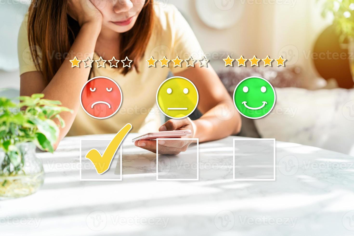Young woman using smartphone to give a one-star satisfaction rating of the food and drinks at restaurant on social media, Negative feedback concept photo