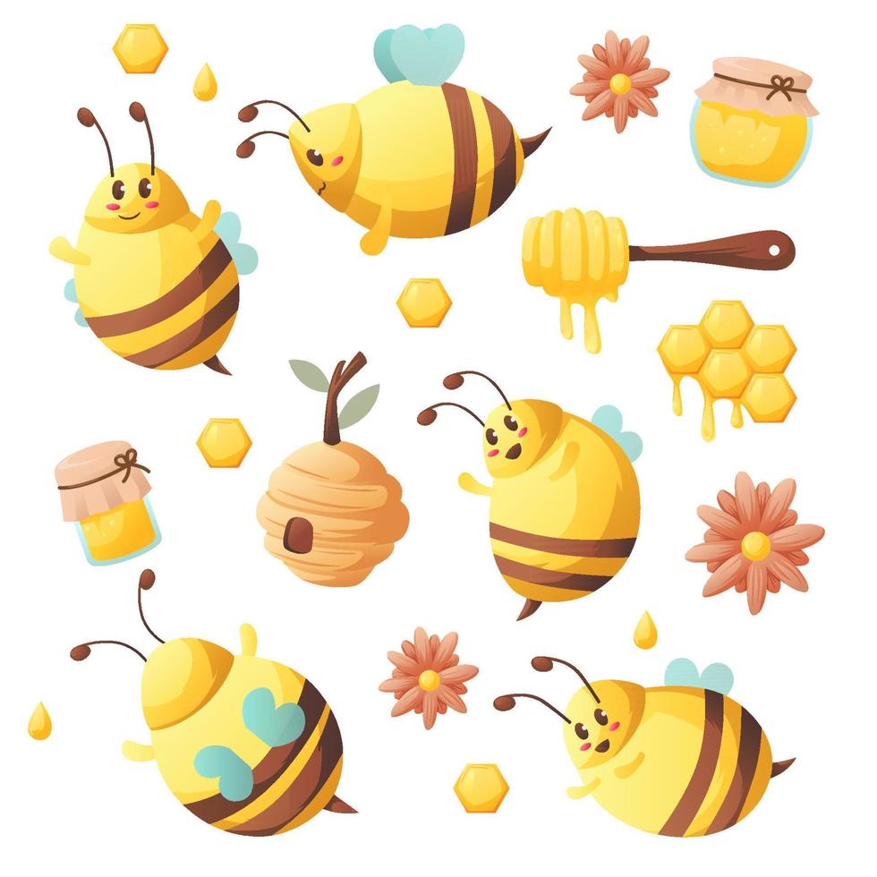 lindo elemento de conjunto de pegatinas de animales de abeja de dibujos animados gordos con panal, miel, flor, colmena para niños felices vector