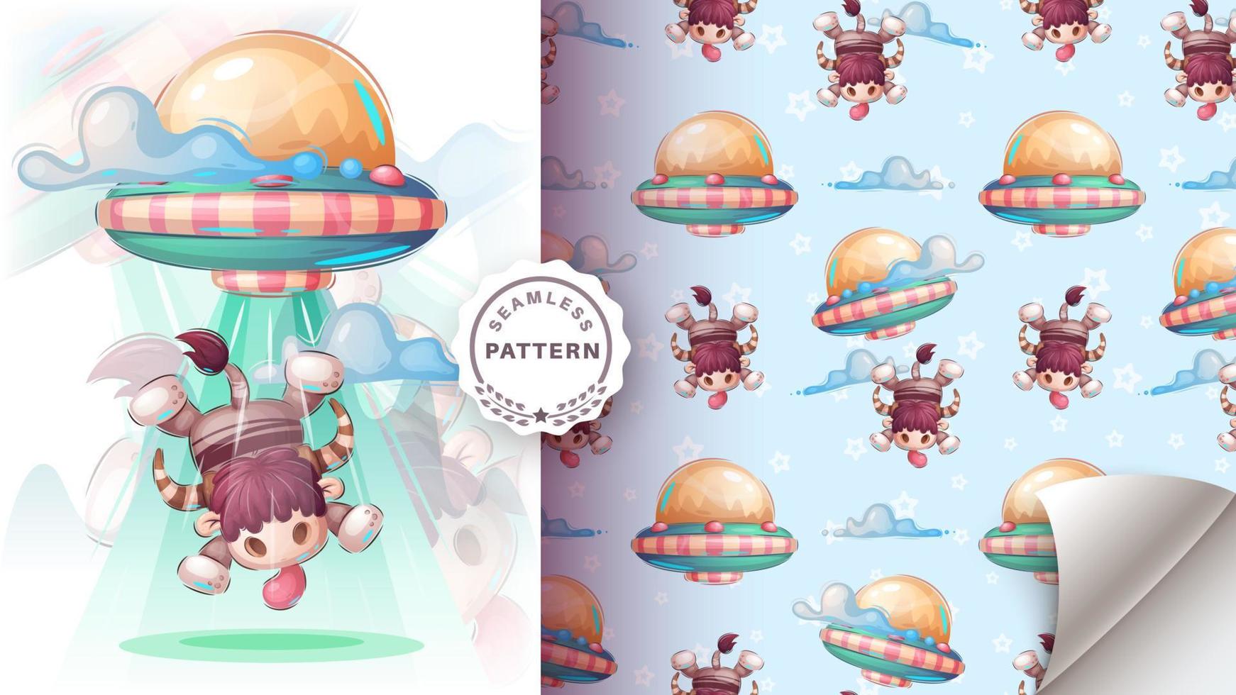 Seamless pattern cartoon character adorable ufo and cow, pretty animal idea for print t-shirt, poster and kids envelope, postcard. Cute hand drawn style ox. vector